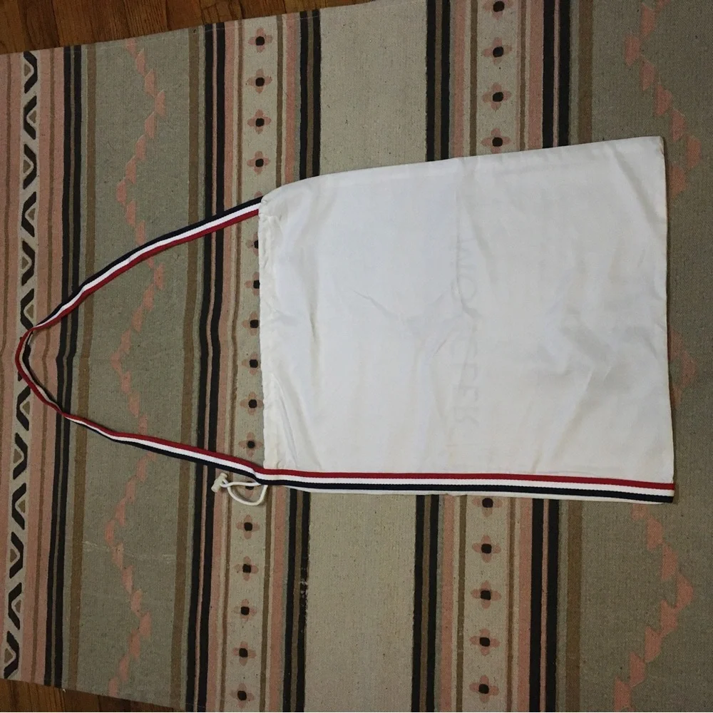 Moncler Medium blue white & red trim drawstring dustbag & shoulder length strap